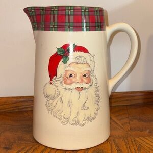 Vtg Cracker Barrel Ceramic Santa Clause & Plaid Pitcher Vase/ Decor Red & Green